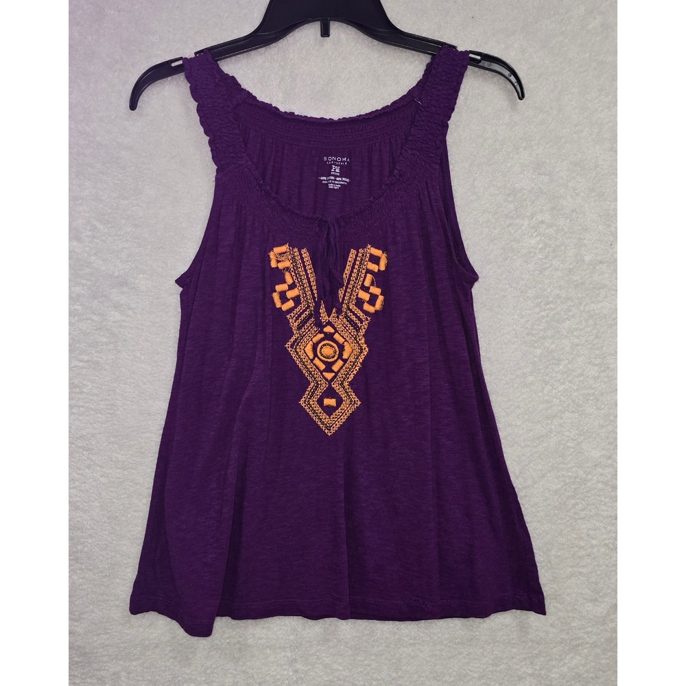 SONOMA Life Style Purple Embroidered Tie‎ Neck Tank Top Petite PM